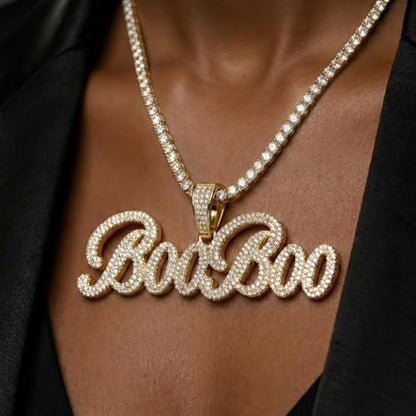 Lulu Mel Iced Out Personalized Cursive Name Necklace For Trendy Women, Custom Handmade Nameplate Pendant With Cuban Link Chain, White Gold Plated Hip Hop CZ Diamond Jewelry Gifts - color: Brust Letter Gold