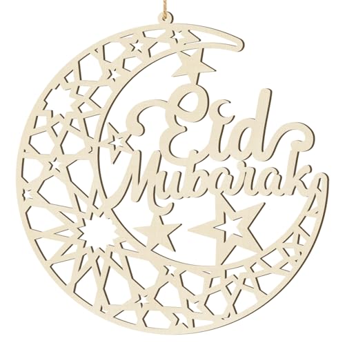 Ramadan Decorations Eid Mubarak Wreath Door Sign Wooden Hanging Signs, Kareem Hollow Ornament Moon and Stars, Moon Shape Ramadan Mubarak Party Wood Wall Hanger for Islamic Muslim Home Decor - color: Eid