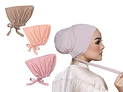3 Pieces Adjustable Muslim Inner Under Hijab Cap with Ties Back Islamic Under Scarf Bonnet Caps Chemo Cap - color: Camel