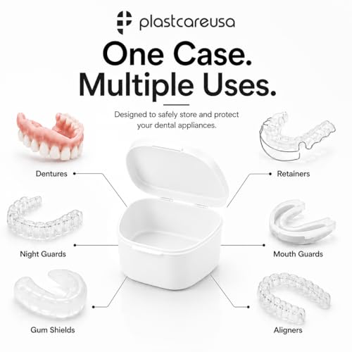 PlastCare USA White Denture Cases Pack of 5 - Dental Box For Artificial Teeth, Mouth Guard, Night Guard, Gum Shields, Retainer - Denture Bath Container for Women and Men - Travel Denture Cup - color: White
