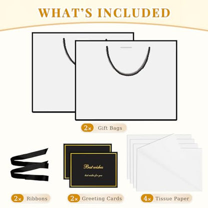 ANZNKU 2PCS White Gift Bags Medium, Gift Bags with Handles 4 Tissue Paper 2 Ribbons 2 Cards for Women & Men Birthday Graduation Wedding Engagement Bridal Baby Shower Presents Party Favors Wrapping - color: Classic White