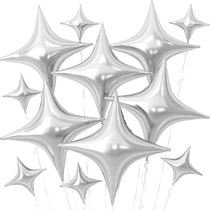 Silver Star Balloons,12Pcs Four Angle Star Foil Balloons - color: Silver
