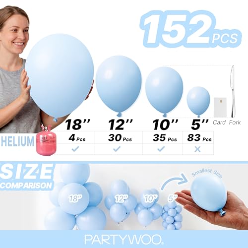 PartyWoo 베이비 블루 풍선 152피스 다양한 사이즈 45.7cm(18인치), 30.5cm(12인치), 25.4cm(10인치), 12.7cm(5인치) 라이트 파스텔 스카이 아쿠아 블루 풍선 아치 키트 화환 졸업 베이비 샤워 성별 공개 부활절 파티 장식 블루-Q13 - color: 블루-q13
