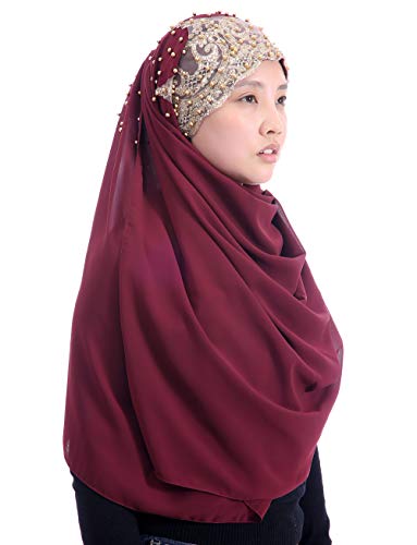 Lina & Lily Premium Chiffon Hijab Head Scarf Wrap with Gold Sequins Glitters Beads for Muslim Women - color: Dark Maroon