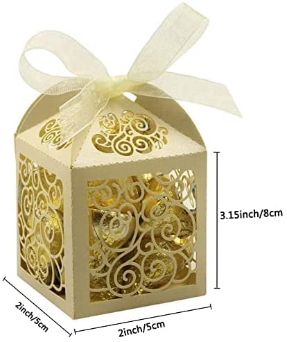 KPOSIYA 70 Pack Wedding Favor Boxes Laser Cut Boxes Party Favor Box Small Gift Boxes Lace Candy Boxes for Wedding Bridal Shower Baby Shower Birthday Party Anniverary with Ribbons (Beige, 70) - color: Beige 70