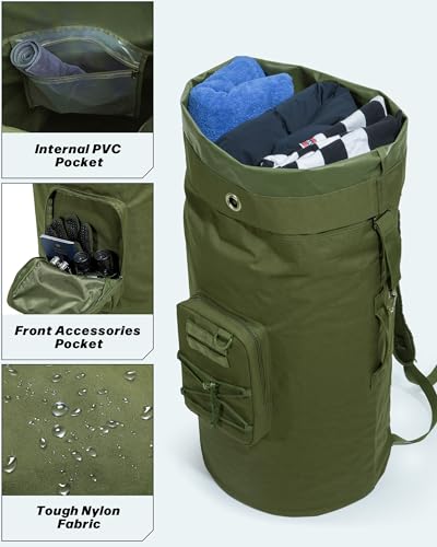 PGmoon Military Duffle Bag,110L Extra Large Army Backpack Heavy Duty Sea Bag with Removable Pocket for Camp, Outdoor or Laundry Bag (Patent Design)