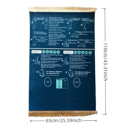 Read in English and say it in Arabic Guided Prayer Mat, Prayer Mat with Instructions, Non-Slip Bilingual Guided Prayer Mats for New Muslims, Salah and Meditation (Blue, 110x65cm) - color: Blue, size: 2'4" x 3'7" (Rectangular)