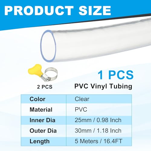 PATIKIL 1pcs Plastic Tubing, 25mm x 30mm x 5M Vinyl Tubing Clear Tube with Hose Clamps, Soft Hose Line Pipe for Multipurpose Industrial Vinyl Aquarium - size: 25mm x 30mm x 5M