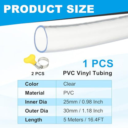 PATIKIL 1pcs Plastic Tubing, 25mm x 30mm x 5M Vinyl Tubing Clear Tube with Hose Clamps, Soft Hose Line Pipe for Multipurpose Industrial Vinyl Aquarium - size: 25mm x 30mm x 5M