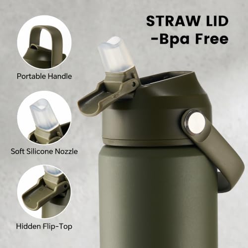 Fijinhom 18 oz Insulated Water Bottle with 2 Lids, Stainless Steel Water Bottles, Double Wall Vacuum, Portable Handle & Non-slip Bottom, BPA Free Leak Proof Metal Bottles, Keep Cold 24H, Green - color: Army Green, size: 18 Ounces