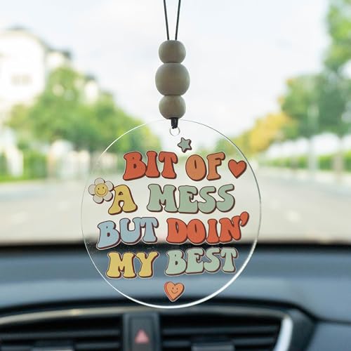 Talataca Bit of A Mess But Doin' My Best 2D Flat Car Ornament & Wood Beads, Inspirational Quote Beaded Rear View Mirror Accessories, Retro Rearview Hanging Charm, Christmas Tree Decor - color: 43