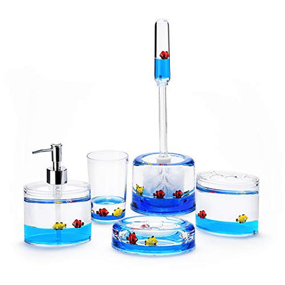 5 Piece Acrylic Liquid 3D Floating Motion Bathroom Vanity Accessory Set Ocean Cartoon Animal Theme Nimo Fish Toothbrush Holder, Tumbler, Soap Dispenser, Soap Dish, Toiletbrush Holder Set - size: 5-piece, style: Fish