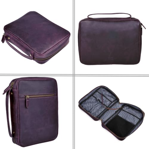 LEATHER VILLAGE Large Leather Bible Cover with Carry Handle & Zipper Purple | Bible Case Fits Standard, Large & Study Bibles up to 10.5 x 8 x 2.5 In, Ideal for men, women, Church & Travel, Handmade