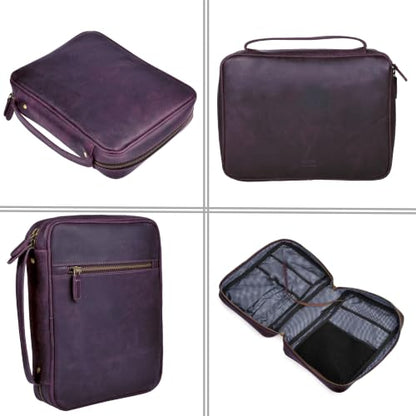 LEATHER VILLAGE Large Leather Bible Cover with Carry Handle & Zipper Purple | Bible Case Fits Standard, Large & Study Bibles up to 10.5 x 8 x 2.5 In, Ideal for men, women, Church & Travel, Handmade