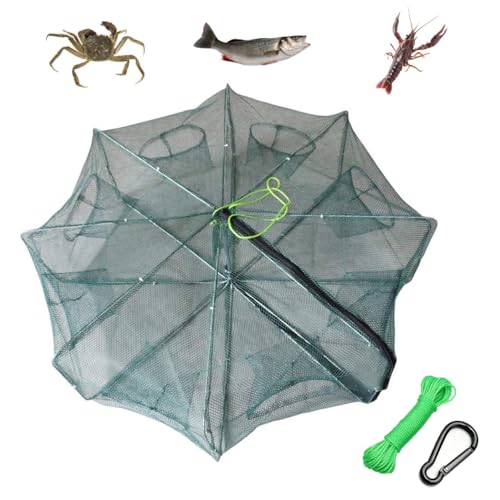 8 Hole 8 Side Foldable Fishing Net - Ideal for Fish, Crab, Shrimp & Crawdad | 32" Expanded Large Space with 6m Nylon Rope, Portable & Easy to Store
