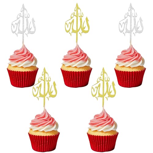 24 PCS Allah Islamic Muslim Symbol Cupcake Toppers Eid Mubarak Cupcake Picks Ramadan Kareem Allah Party Decorations for Islamic Muslim Theme Eid Mubarak Party Decoration Supplies Silver Gold - color: Style 5 Gold & Silver