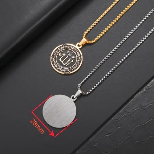 Islamic Allah Religious Amulet Stainless Steel Pendant Necklace Muslim Arabic Protection Jewelry Gift for Men Women - color: silvery