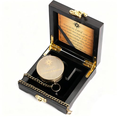 God's Guide & Blessing Compass, Trust in The Lord Compass, Wood Box Greeting, Inspirational Gift Men, Christian Boys Baptism Gifts, Graduation Day with Wooden Box - color: 1.Bronze GOD's Guide & Blessing Wooden Box
