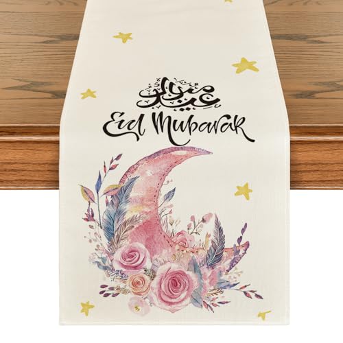Artoid Mode Pink Moon Flowers Stars Ramadan Eid Table Runner, Seasonal Summer Holiday Kitchen Dining Table Runners for Home Party Decor 13 x 48 Inch