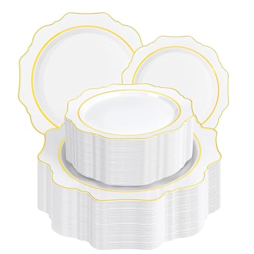 WDF 100PCS White and Gold Plastic Plates - Gold Disposable Plates - Include 50 Dinner & 50 Dessert Plate for Party - Heavy Duty Fancy Plastic Plate for Wedding/Bridal shower - color: White and Gold, size: 100