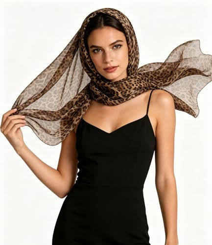 Leopard Print Long Scarf for Women – Lightweight Chiffon Cheetah Shawl Neck Scarf Soft Animal Print Scarves Headscarf Wrap for Spring Summer Beach Travel