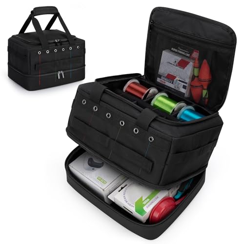 HODRANT Double-layer Fishing Line Storage Bag with 5 Dividers & 6 Grommets | Line & Reel Management Case, Tackle Gear Organizer Tangle-Free Leader Spool Dispenser for Travel & Kayak, Bag Only