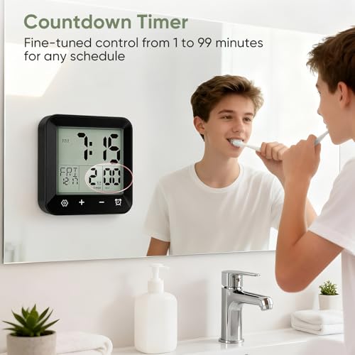 Digital Waterproof Shower Clock, Bathroom Kitchen Clock with Countdown Timer, Wall Clock with Large LCD Display, Temperature, Touch Button, Suction, Hanging Hole, Battery Operated I Black - color: Black