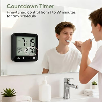Digital Waterproof Shower Clock, Bathroom Kitchen Clock with Countdown Timer, Wall Clock with Large LCD Display, Temperature, Touch Button, Suction, Hanging Hole, Battery Operated I Black - color: Black
