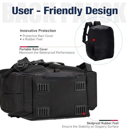 Piscifun Fishing Tackle Backpack with 2 Rod Holders, 4 Boxes & Rain Cover | Multi-pocket storage, fits 3600/3700 trays, bottle holder, padded straps for bank fishing - color: Black