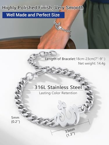 PROSTEEL Allah Bracelet, Muslim Islamic Jewelry Religious Islam Arabic God Charm Stainless Steel Beads Chain Bracelet, fits wrist from 5.9'' to 7.9'', Come with Box - color: 02 silver-cuban chain