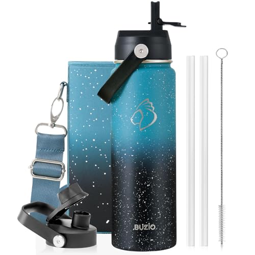BUZIO 24 oz Insulated Water Bottle, Stainless Steel Wide Mouth Water Flask with Straw Lid, Cold for 48 Hrs Leak Proof Metal Hydro Thermo Canteen Mug, Dappled Navy Black - color: Dappled Navy Black, size: 24 Ounces