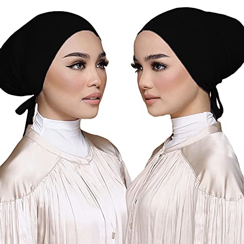 Women Under Scarf Hat Hijab Undercap Islamic Muslim Under Scarf Hijab Cap with Tie-Back Closure - color: Black(1pcs)