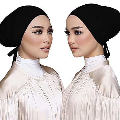 Women Under Scarf Hat Hijab Undercap Islamic Muslim Under Scarf Hijab Cap with Tie-Back Closure - color: Black(1pcs)