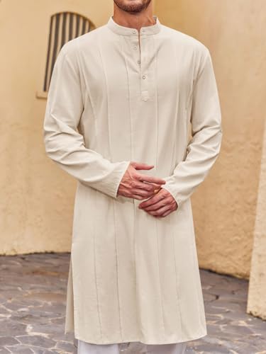 Runcati Mens Kaftan Thobe Button Down Henley Shirts Robe Long Sleeve Casual Cotton Pleated Muslim Gown Shirt - color: Beige, size: Medium