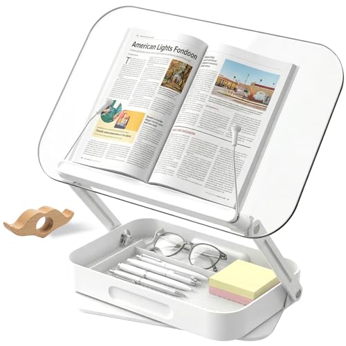 Book Stand for Reading, Acrylic Adjustable Book Holder with Book Page Holder, 360°Cookbook Stand with Storage for Kitchen Counter, Hands Free Recipe Book Holder for Textbook Cookbook, Clear