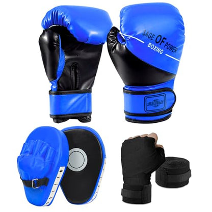 3-in-1 Boxing Gloves and Punching Mitts Set for Kids, Boxing Mitts Focus Pads with Hand Wraps for Kid, Youth Leather Punching Equipment Gloves Set for MMA, Karate, Muay Thai, Taekwondo - color: Blue
