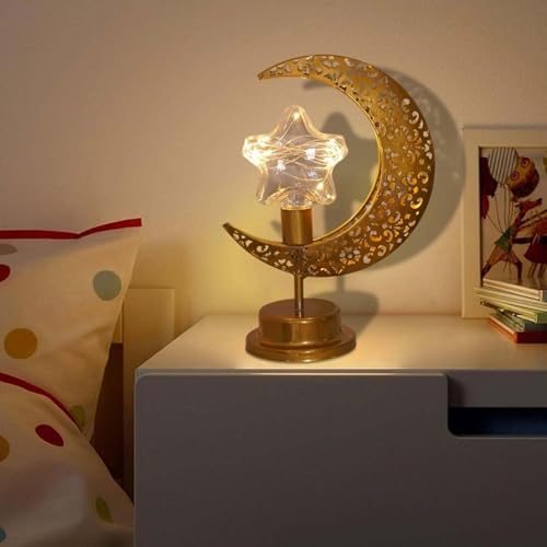 Ramadan Lights, Battery Powered Crescent Moon Lamp for Eid Decor – Islamic Geometric Pattern Metal Shade, Warm Ambiance Lighting for Mantelpiece, Bookshelf, Ramadan Table, Thoughtful Gift (Style D) - color: Style D