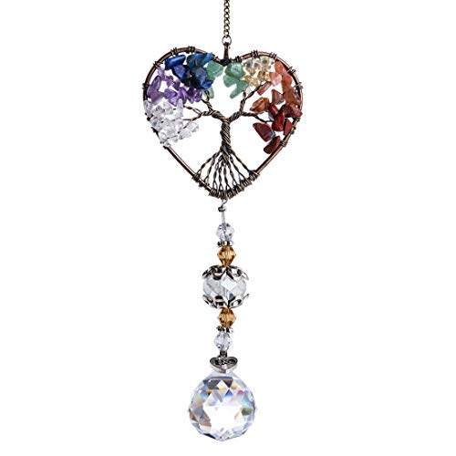 H&D HYALINE & DORA Suncatcher Window Hanging Tree of Life Heart Shaped Crystal Ball Prism Drop Pendant - color: Colorful