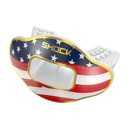 Shock Doctor Football Lip Guard Mouthpiece with Strap – Breathable, Wide Opening – Adult & Youth OSFA - color: Stars and Stripes/Gold