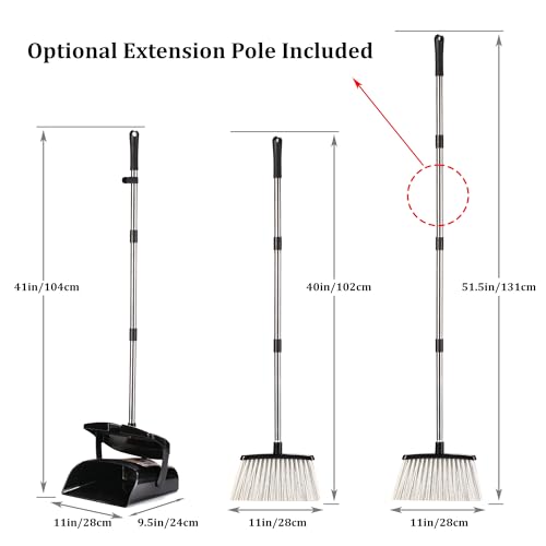 Broom and Dustpan Set 52-in Long Adjustable Handle Broom Dustpan Combo | Upright Dustpan with Teeth to Automatically Clean Hair, Dust Pan with Lid, Suitable for Home Kitchen Office Hall Floor
