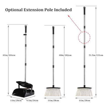 Broom and Dustpan Set 52-in Long Adjustable Handle Broom Dustpan Combo | Upright Dustpan with Teeth to Automatically Clean Hair, Dust Pan with Lid, Suitable for Home Kitchen Office Hall Floor