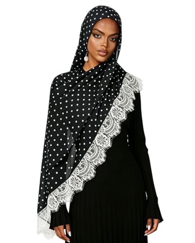 JUMISEE Elegant Floral Lace Hijab Scarf for Women Soft Cotton Head Wrap Instant Hijab Long Scarves Evening Dress Shawl - color: Black Polka Dot