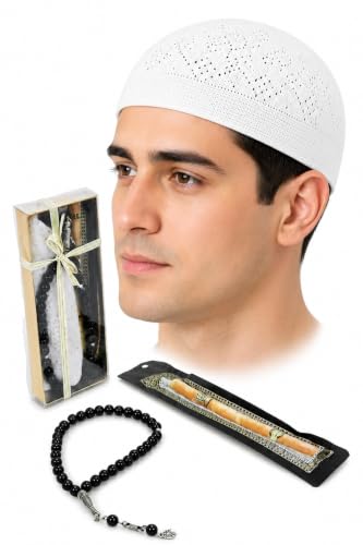 ihvan online Men’s Muslim Kufi Hat Set with Tasbih Prayer Beads & Miswak, Islamic Gift for Ramadan, Eid Mubarak, Hajj & Umrah - color: White