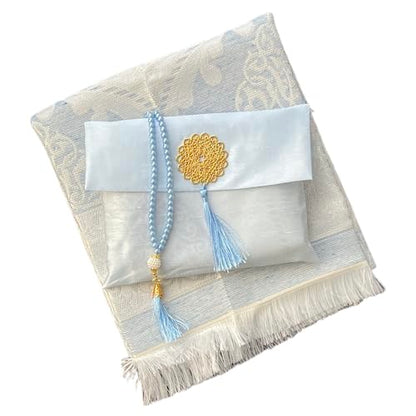 Muslim Prayer Rug and Beads with Elegant Slub Fabric Bag | Janamaz | Sajadah | Soft Islamic Prayer Rug | Islamic & Mawlid Gifts | Prayer Carpet Mat, Taffeta Fabric (Blue, 1 Sets) - color: Blue, size: 1 Sets
