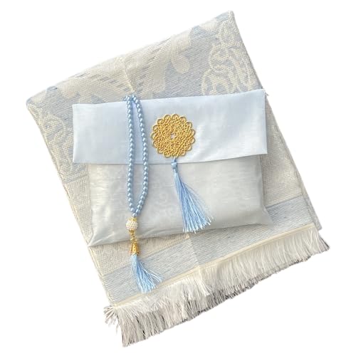 Muslim Prayer Rug and Beads with Elegant Slub Fabric Bag | Janamaz | Sajadah | Soft Islamic Prayer Rug | Islamic & Mawlid Gifts | Prayer Carpet Mat, Taffeta Fabric (Blue, 1 Sets) - color: Blue, size: 1 Sets
