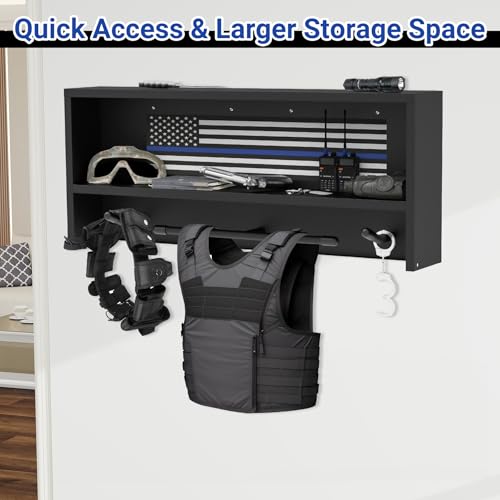 Neoaider Police Gear Rack, Police Hanger with Hooks | Tactical Duty Gear Rack Decor with Thin Blue Line Flag, Black Body Armor Stand for Police Gift - size: Wall Mounted Police Gear Rack