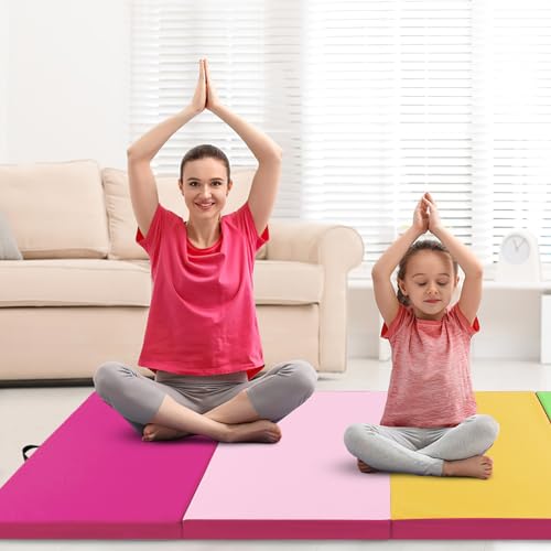 Giantex 4'x10'x 2" Gymnastics Mat, 4-Panel Folding Aerobics Exercise Mat w/Hook & Loop Fastener, Carrying Handle, Portable Tumbling Mat for Stretching Yoga Cheerleading Martial Arts - color: Green/Yellow/Pink