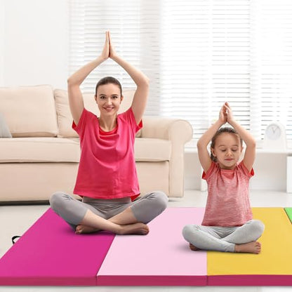 Giantex 4'x10'x 2" Gymnastics Mat, 4-Panel Folding Aerobics Exercise Mat w/Hook & Loop Fastener, Carrying Handle, Portable Tumbling Mat for Stretching Yoga Cheerleading Martial Arts - color: Green/Yellow/Pink