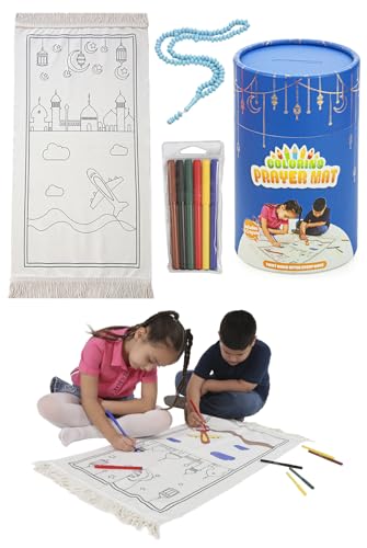 Ihvan Online Kids Prayer Mat - Washable Painted Prayer Rug, Soft Salah Travel Mat Carpet, Perfect Islamic Gift, Blue - color: Blue