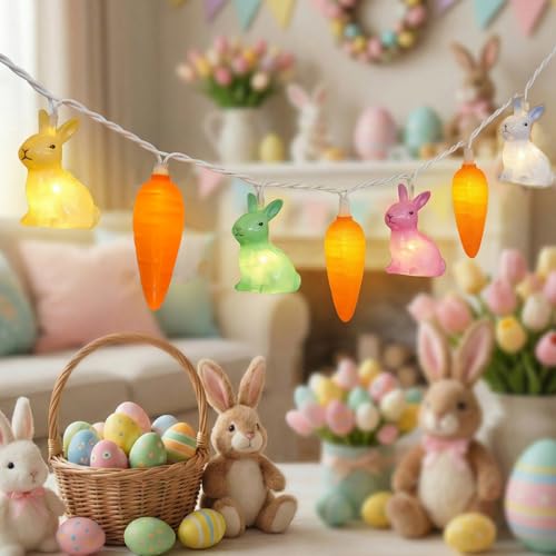 Easter Multicolor Rabbit and Carrot String Lights, 8.5Ft Plug in Spring Decorations String Lights with 10 LED Bunny and Corrt Lights for Easter Party Spring Home Garden Patio Indoor Outdoor Decor - color: Rabbit/Carrot